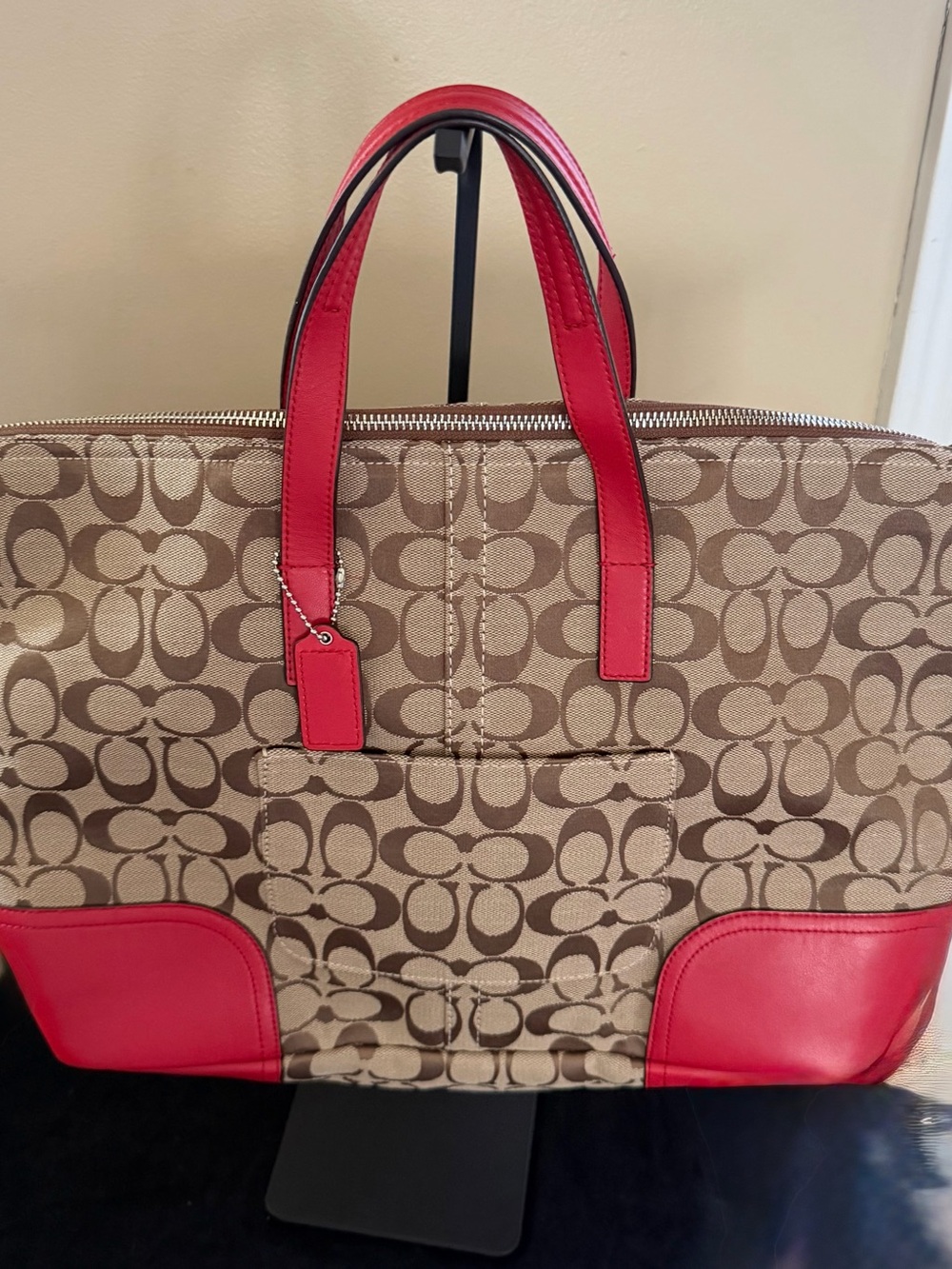 Coach Tan Signature Canvas Tote with Red Leather Accents
